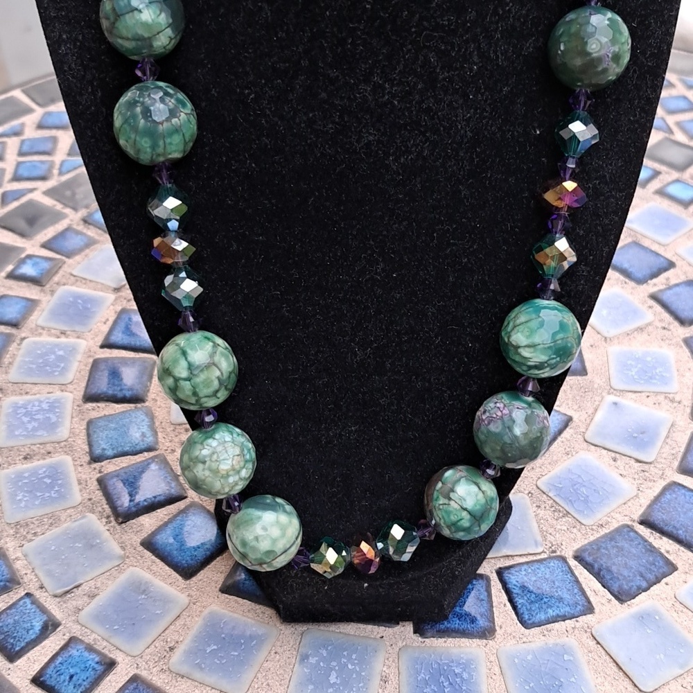 925 Sterling Silver Facted Green Stone Green/Purple Beaded Necklace.